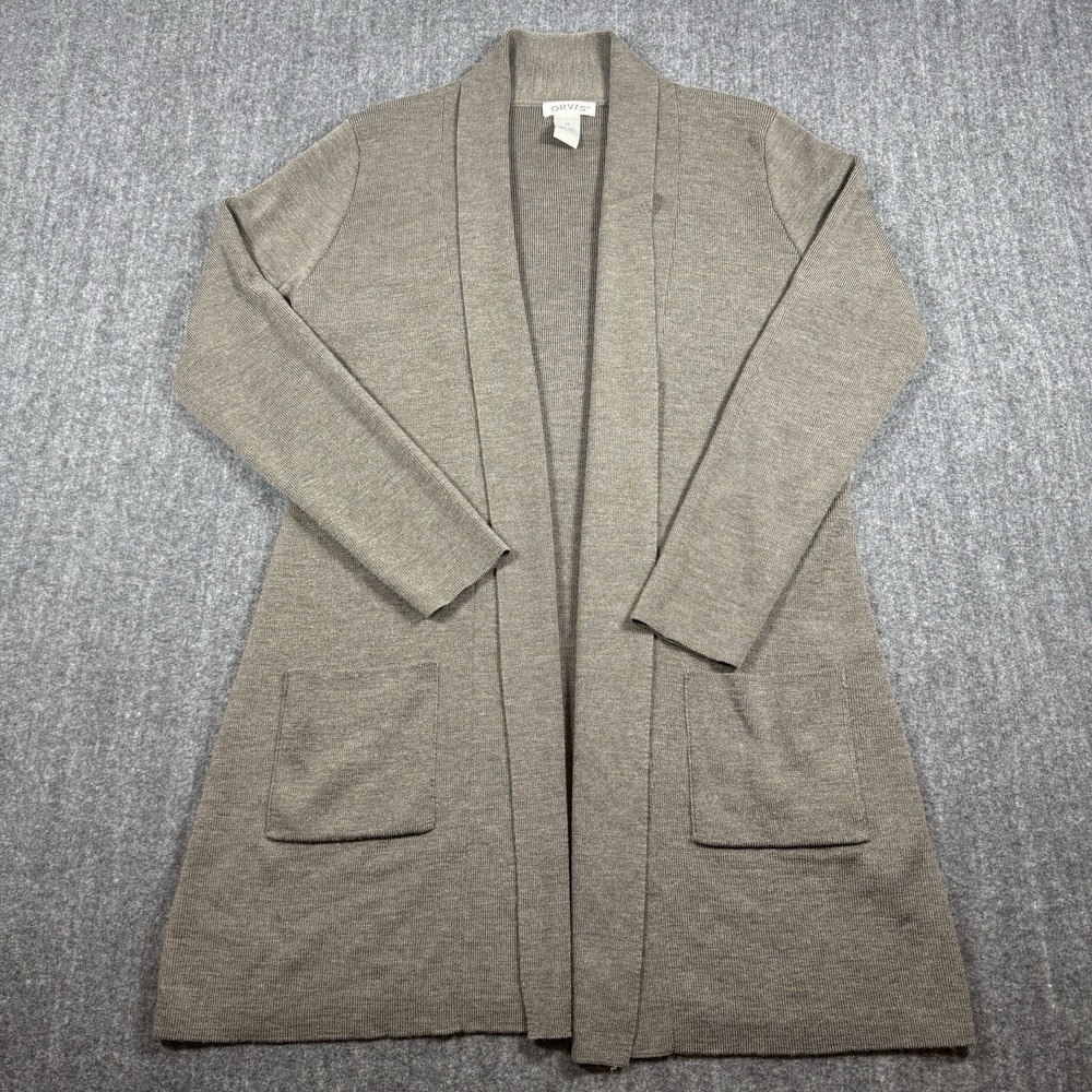 Orvis Womens M Long Open Front Cardigan Sweater Brown Taupe Knit Pockets
